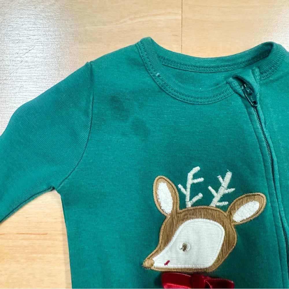 Pottery Barn Kids Green Reindeer Organic Baby Pajama Unisex Footie Size 3-6M